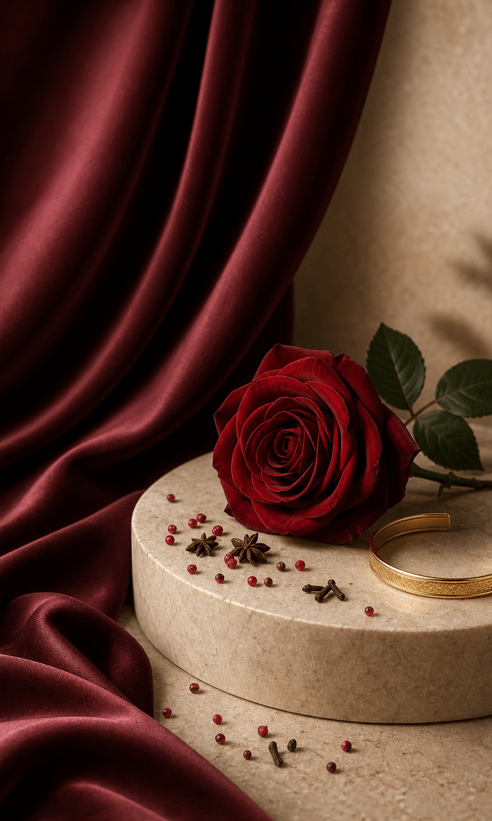 Burgundy silk, red rose and spices representing the bold personality
