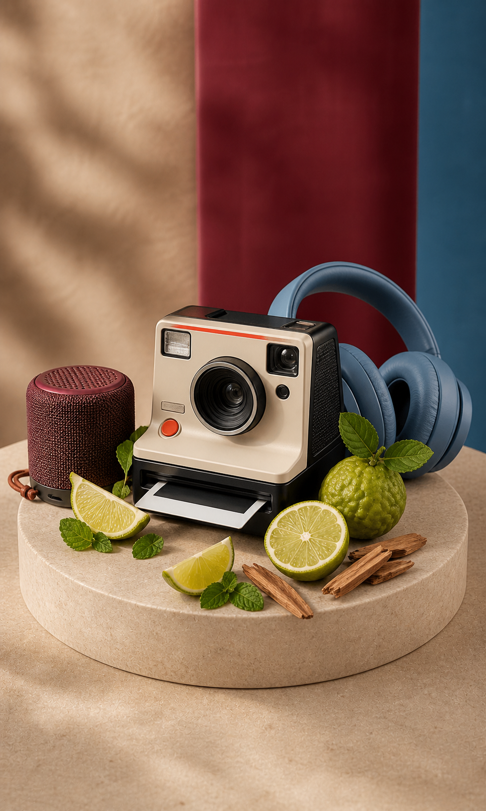 Casual personality represented by a camera, headphones, citrus and mint