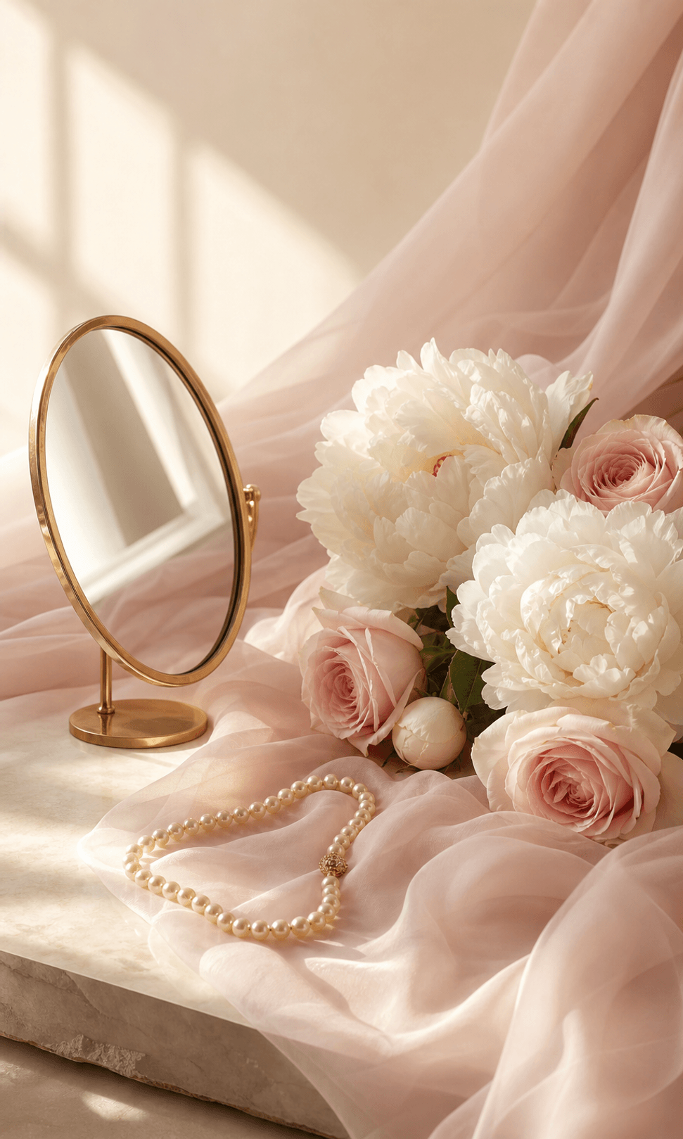 Soft flowers, pearls and mirror representing the delicate personality