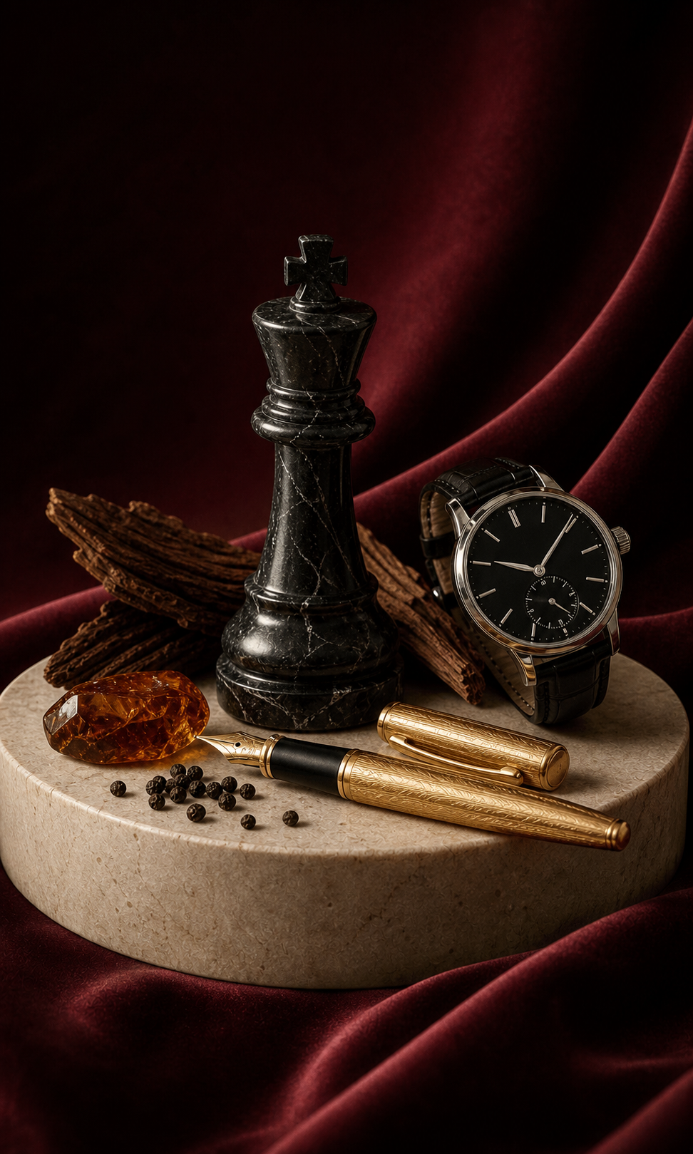 Formal personality represented by a black marble chess king, watch and fountain pen